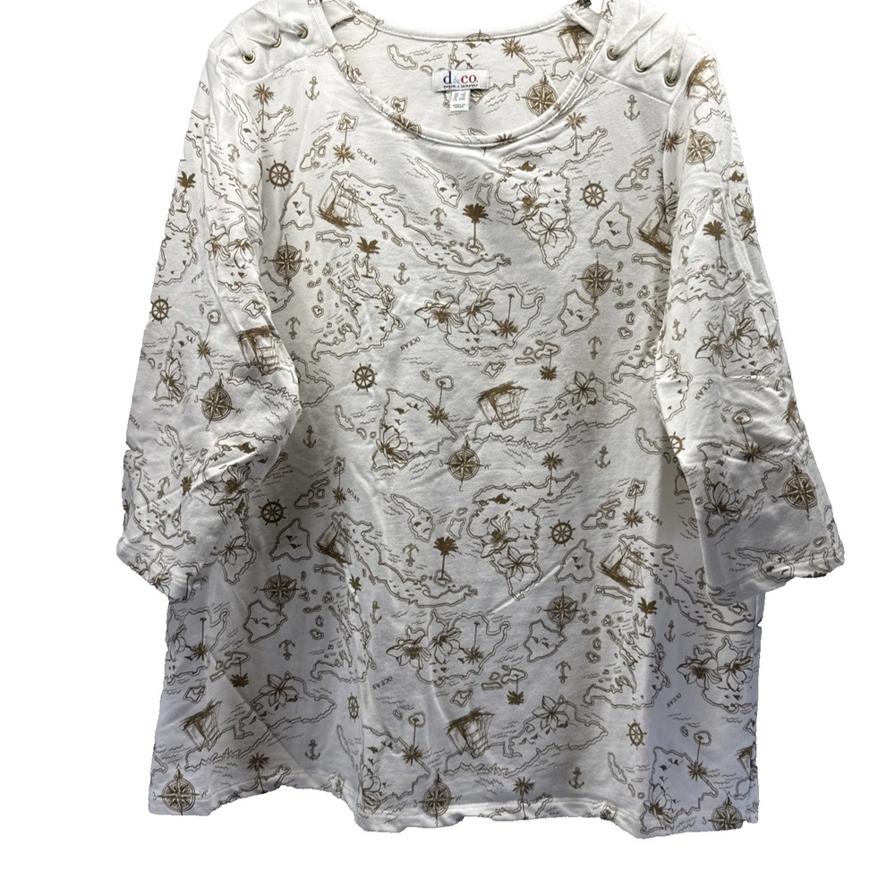 Denim & Co Womens Top 1X Brown White Laced Shoulder 3/4 Sleeve Nautical Map